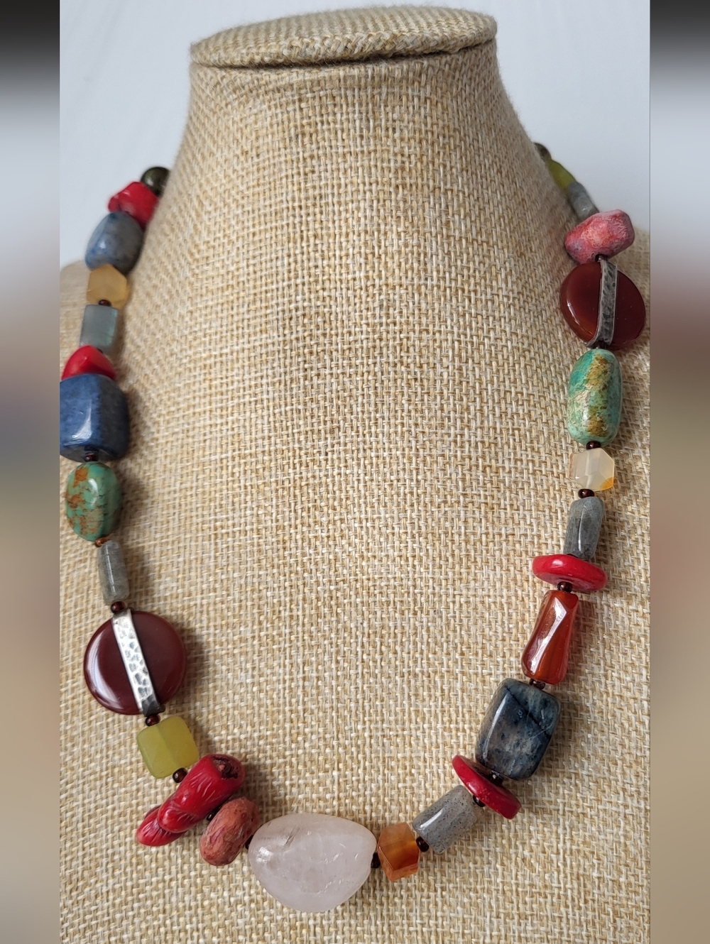 Vintage TICA ROSA 925 Silver Multicolor Natural Stone Statement Necklace